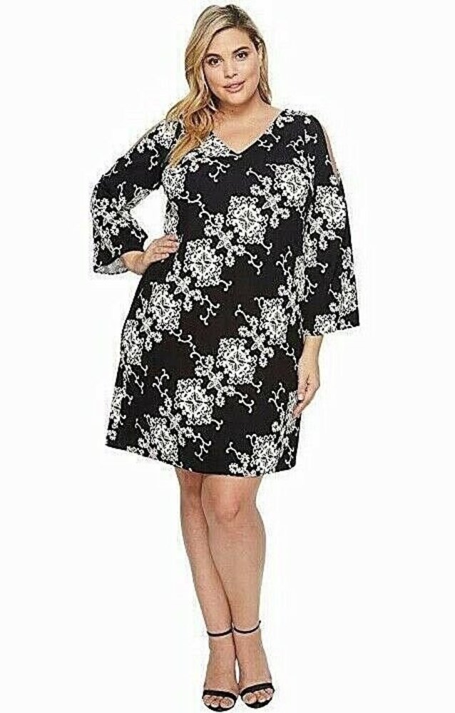 Adrianna Papell Womens Cold Shoulder Shift Dress Size 4 Black Ivory‎ Shift Flare